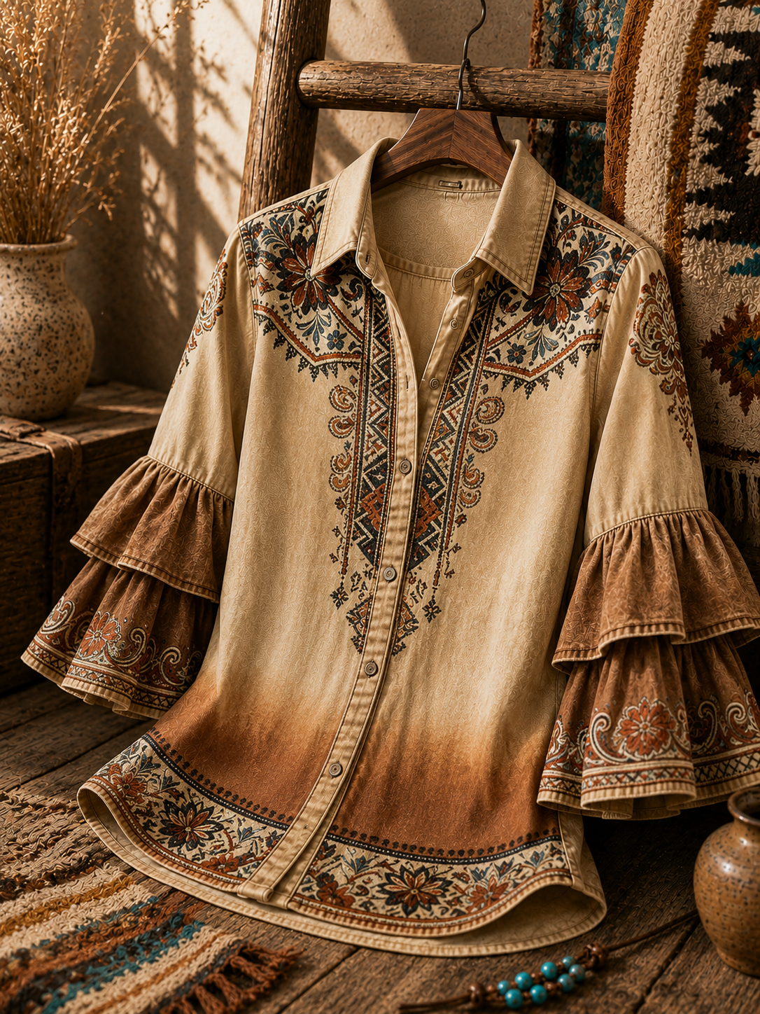 Women's Western Aztec Embroideredt Ombre Bell Sleeve Blouse